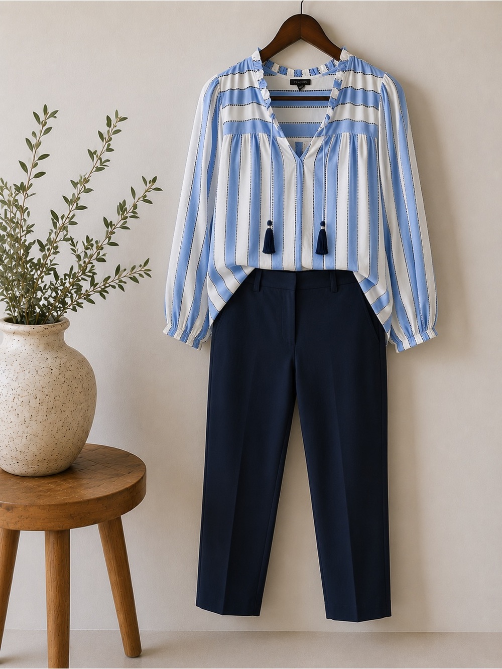 Talbots | Blue & White Striped Tassel Tie Peasant Blouse | Large
